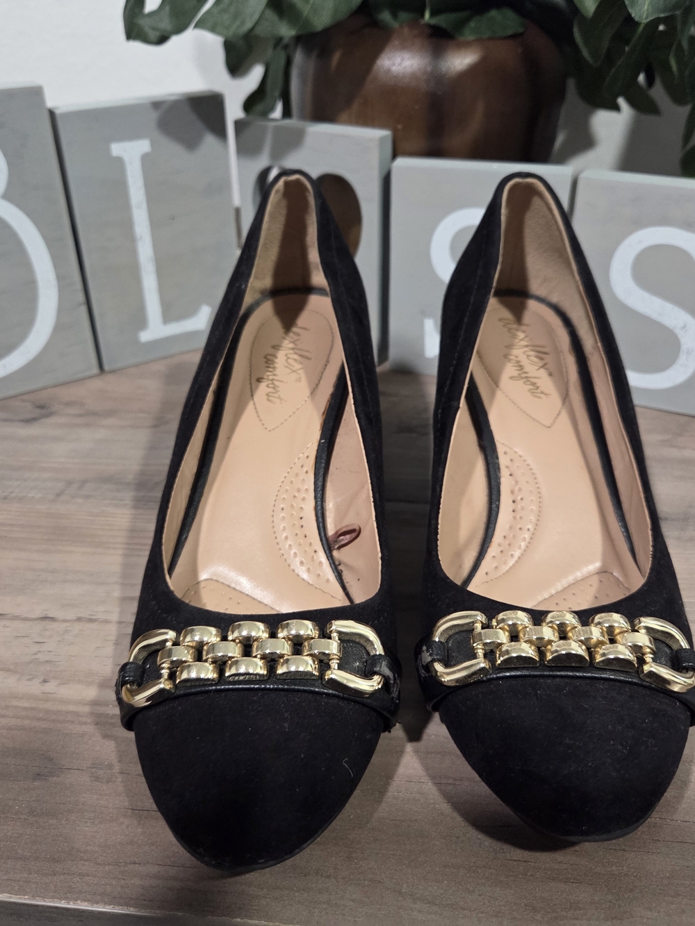 dexflex comfort Black Suede Flats with Gold Chain Accent